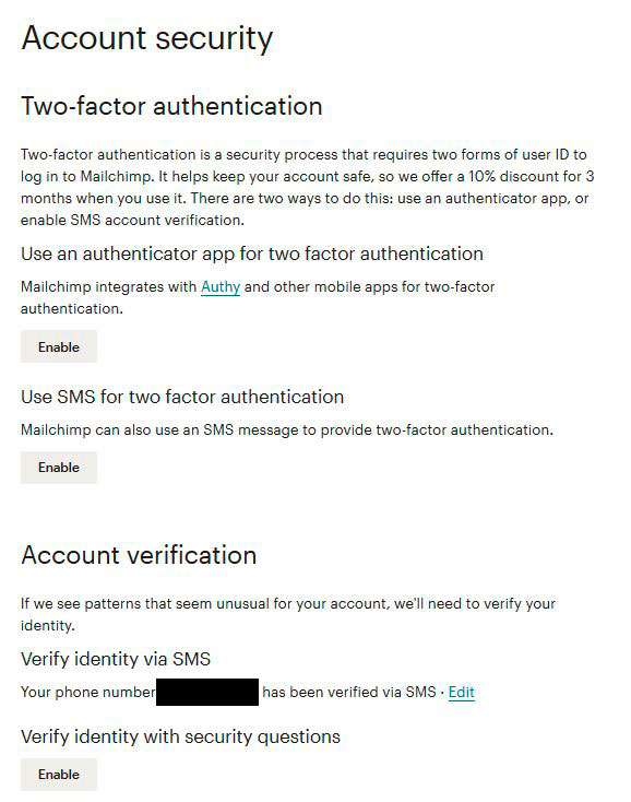 configuracion seguridad Mailchimp